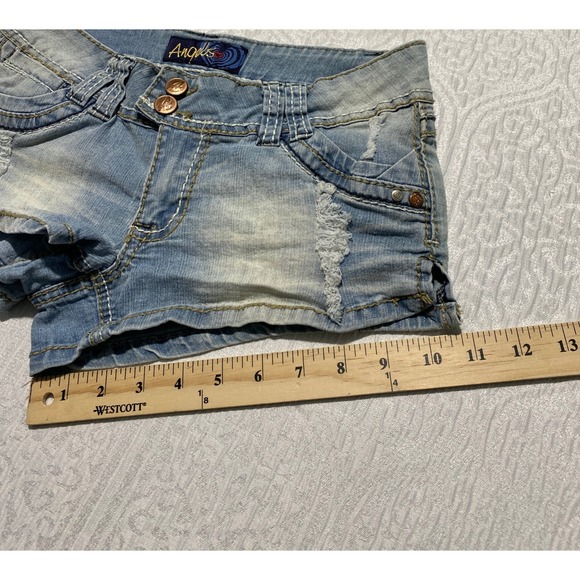 Angels Y2K Low Rise Denim Shorts Light Wash Distressed Blue Juniors Size 7 - Picture 8 of 8